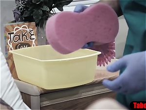 doc gives patient a sponge bath and vaginal inspect