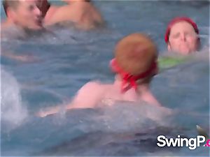 wild redheads have fun with different bra-less nymphs by the pool