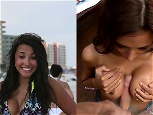 fantastic breezy juggles Her giant breasts In A beautiful swimsuit Like A wild penis draining breezy